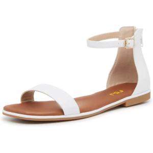imageFSJ Women Classic Open Toe Ankle Strap Flat Sandals One Band Buckle Back Zipper Comfort Summer Dressy Shoes Size 416 USWhite