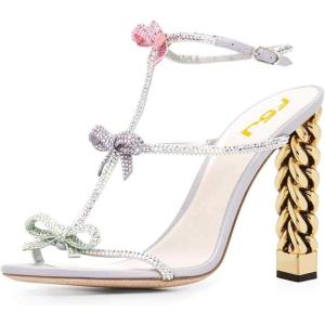 imageFSJ Women Gold Metal Chain Thick High Heel Sandals Open Toe Strappy Ankle Buckle Strap Slingback Comfy Summer Dress Pumps Crystal Bows Size 415 USCrystal Bows2