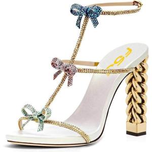 imageFSJ Women Gold Metal Chain Thick High Heel Sandals Open Toe Strappy Ankle Buckle Strap Slingback Comfy Summer Dress Pumps Crystal Bows Size 415 USCrystal Bows