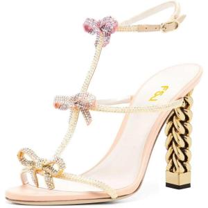imageFSJ Women Gold Metal Chain Thick High Heel Sandals Open Toe Strappy Ankle Buckle Strap Slingback Comfy Summer Dress Pumps Crystal Bows Size 415 USPeachpuff