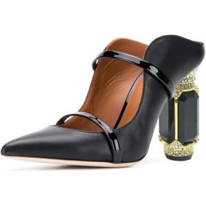 imageFSJ Women Pointed Toe Mules Chunky High Heels Sandals Pumps Slip On Two Strap Chic Crystal Block Heels Backless Casual Dressy Shoes Size 416 USBlack
