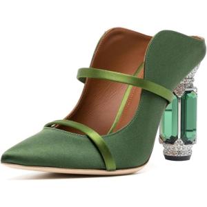 imageFSJ Women Pointed Toe Mules Chunky High Heels Sandals Pumps Slip On Two Strap Chic Crystal Block Heels Backless Casual Dressy Shoes Size 416 USOlive Green