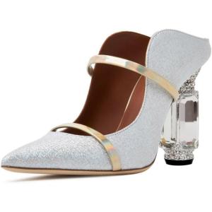 imageFSJ Women Pointed Toe Mules Chunky High Heels Sandals Pumps Slip On Two Strap Chic Crystal Block Heels Backless Casual Dressy Shoes Size 416 USSilver Trim