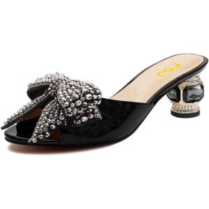 imageFSJ Women Rhinestone Bow Low Heel Mule Sandals Peep Toe Crystal Block Heel Slipper Shoes for Comfort Wedding Slides Size 416 USBlack Low Heel