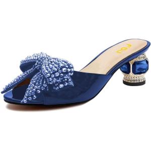 imageFSJ Women Rhinestone Bow Low Heel Mule Sandals Peep Toe Crystal Block Heel Slipper Shoes for Comfort Wedding Slides Size 416 USBlue Low Heel