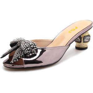 imageFSJ Women Rhinestone Bow Low Heel Mule Sandals Peep Toe Crystal Block Heel Slipper Shoes for Comfort Wedding Slides Size 416 USGraypurple Low Heel