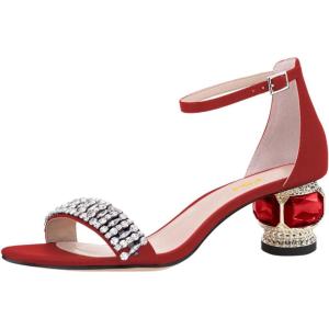 imageFSJ Women Sparkly Open Toe Rhinestone Low Block Heel Sandals Crystal Strap Studded Strappy Formal Dress Prom Party Pump Shoes Size 416 USRed