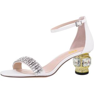 imageFSJ Women Sparkly Open Toe Rhinestone Low Block Heel Sandals Crystal Strap Studded Strappy Formal Dress Prom Party Pump Shoes Size 416 USWhite