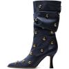 imageFSJ Women Studded Slouchy KneeHigh Boots Rivet Pointed Toe Stiletto Heel Wide Calf Fashion Tall Boot Size 416 USBlue