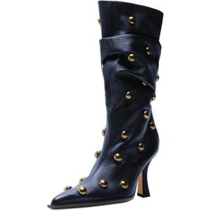 imageFSJ Women Studded Slouchy KneeHigh Boots Rivet Pointed Toe Stiletto Heel Wide Calf Fashion Tall Boot Size 416 USBlue