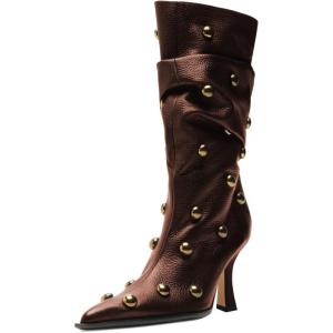 imageFSJ Women Studded Slouchy KneeHigh Boots Rivet Pointed Toe Stiletto Heel Wide Calf Fashion Tall Boot Size 416 USBrown
