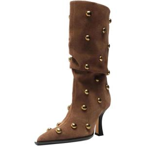 imageFSJ Women Studded Slouchy KneeHigh Boots Rivet Pointed Toe Stiletto Heel Wide Calf Fashion Tall Boot Size 416 USBrown Suede
