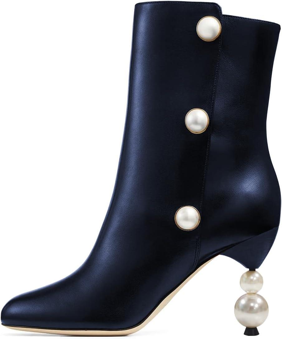 imageFSJ Women Unique Pearl Heel Ankle Boots Closed Toe 35quot High Heeled Short Booties Party Sexy Dress Shoes Size 416 USBlue