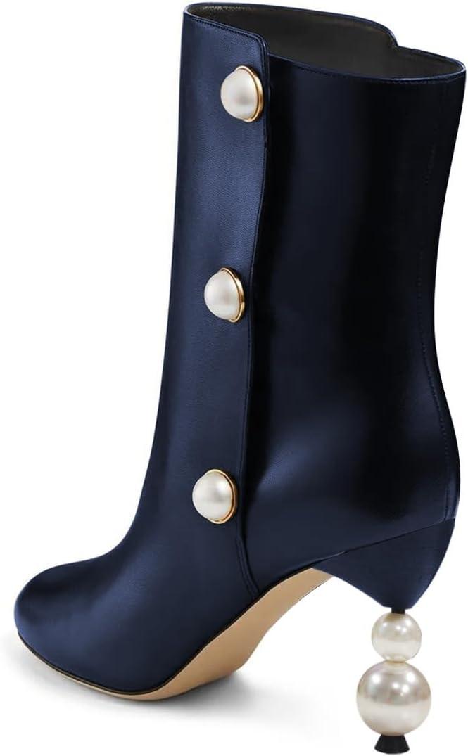 imageFSJ Women Unique Pearl Heel Ankle Boots Closed Toe 35quot High Heeled Short Booties Party Sexy Dress Shoes Size 416 USBlue
