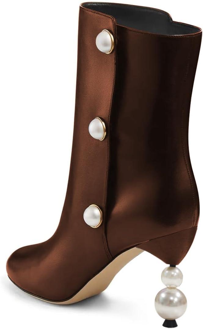 imageFSJ Women Unique Pearl Heel Ankle Boots Closed Toe 35quot High Heeled Short Booties Party Sexy Dress Shoes Size 416 USBrown