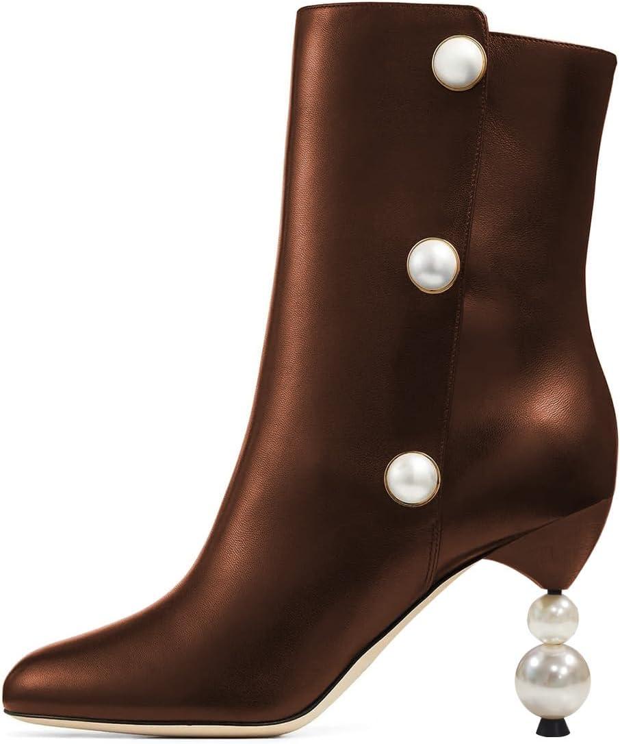 imageFSJ Women Unique Pearl Heel Ankle Boots Closed Toe 35quot High Heeled Short Booties Party Sexy Dress Shoes Size 416 USBrown