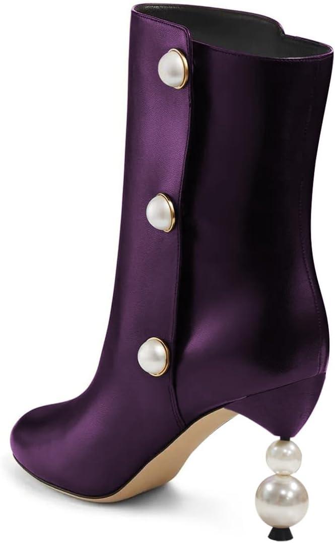 imageFSJ Women Unique Pearl Heel Ankle Boots Closed Toe 35quot High Heeled Short Booties Party Sexy Dress Shoes Size 416 USPurple