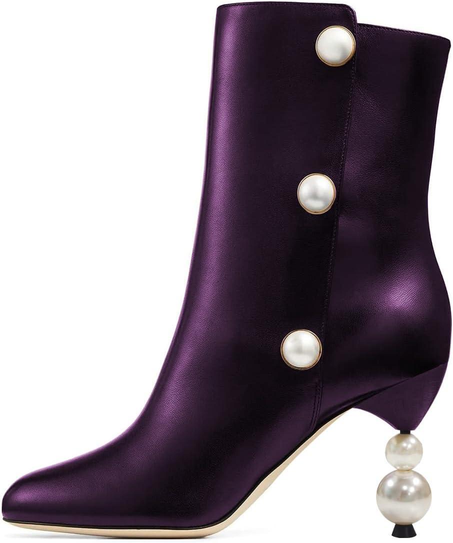 imageFSJ Women Unique Pearl Heel Ankle Boots Closed Toe 35quot High Heeled Short Booties Party Sexy Dress Shoes Size 416 USPurple