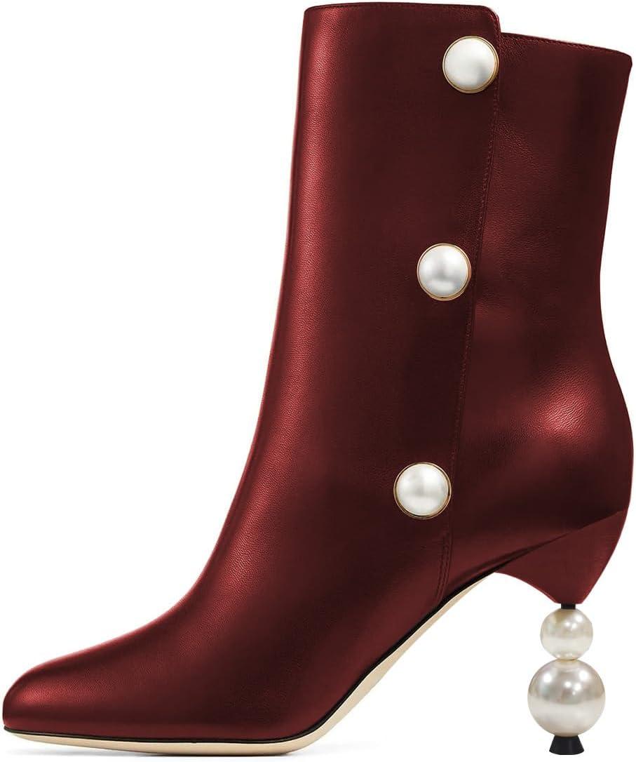 imageFSJ Women Unique Pearl Heel Ankle Boots Closed Toe 35quot High Heeled Short Booties Party Sexy Dress Shoes Size 416 USRed