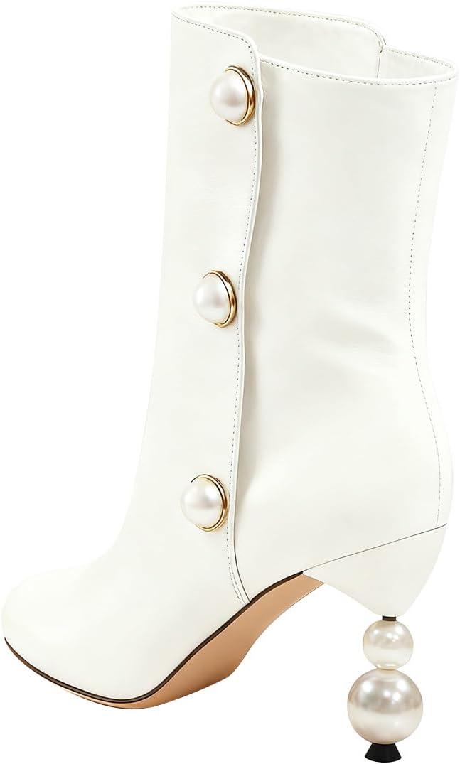 imageFSJ Women Unique Pearl Heel Ankle Boots Closed Toe 35quot High Heeled Short Booties Party Sexy Dress Shoes Size 416 USWhite