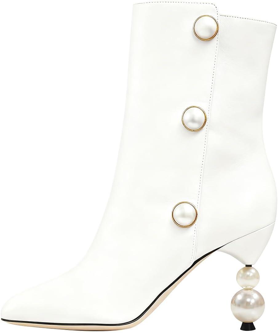 imageFSJ Women Unique Pearl Heel Ankle Boots Closed Toe 35quot High Heeled Short Booties Party Sexy Dress Shoes Size 416 USWhite