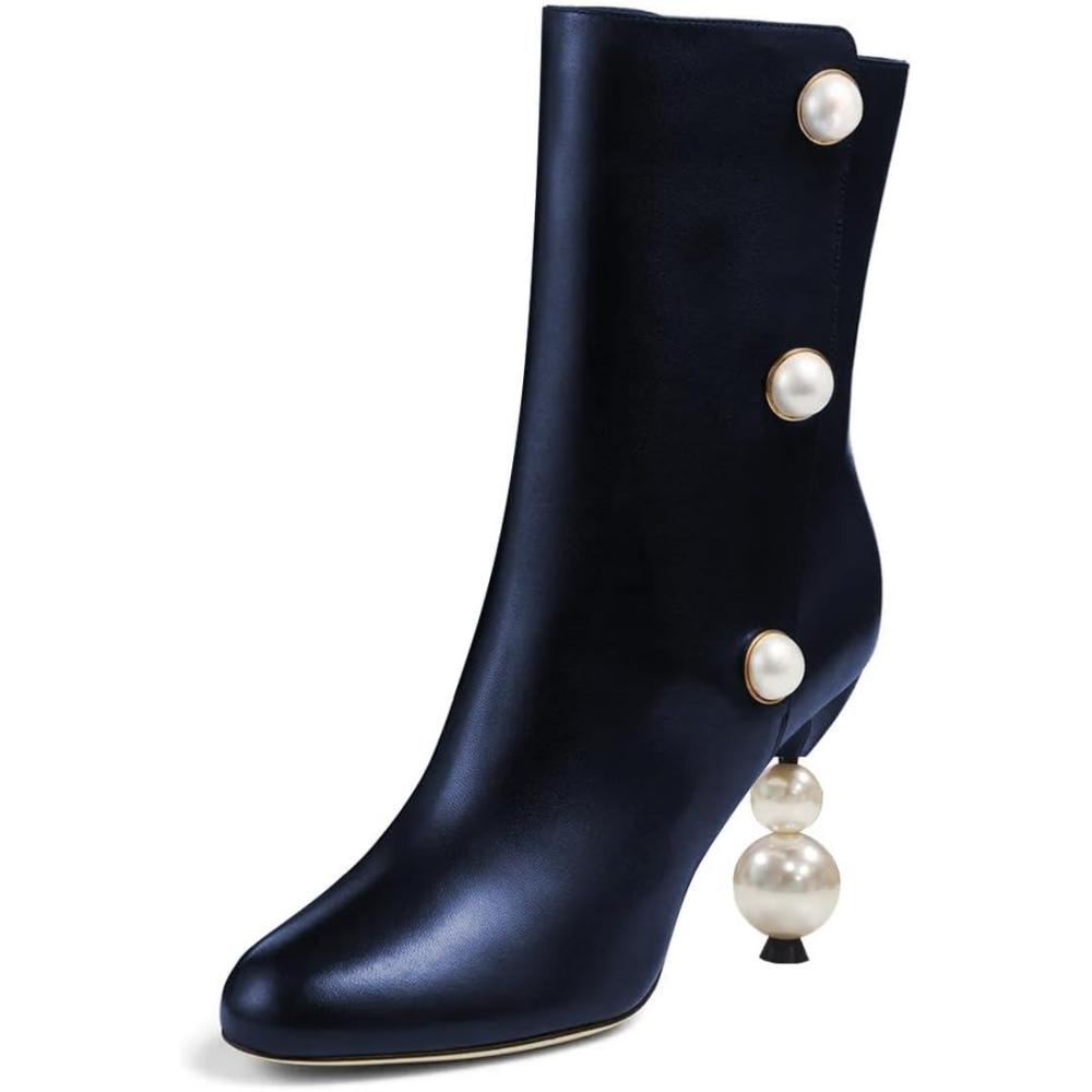 imageFSJ Women Unique Pearl Heel Ankle Boots Closed Toe 35quot High Heeled Short Booties Party Sexy Dress Shoes Size 416 USBlue