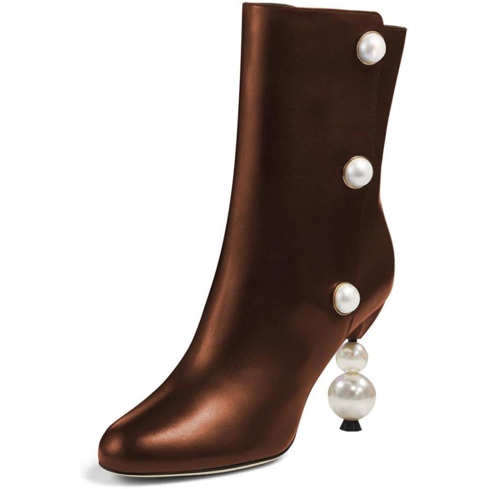 imageFSJ Women Unique Pearl Heel Ankle Boots Closed Toe 35quot High Heeled Short Booties Party Sexy Dress Shoes Size 416 USBrown