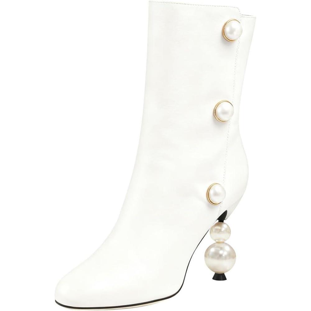 imageFSJ Women Unique Pearl Heel Ankle Boots Closed Toe 35quot High Heeled Short Booties Party Sexy Dress Shoes Size 416 USWhite