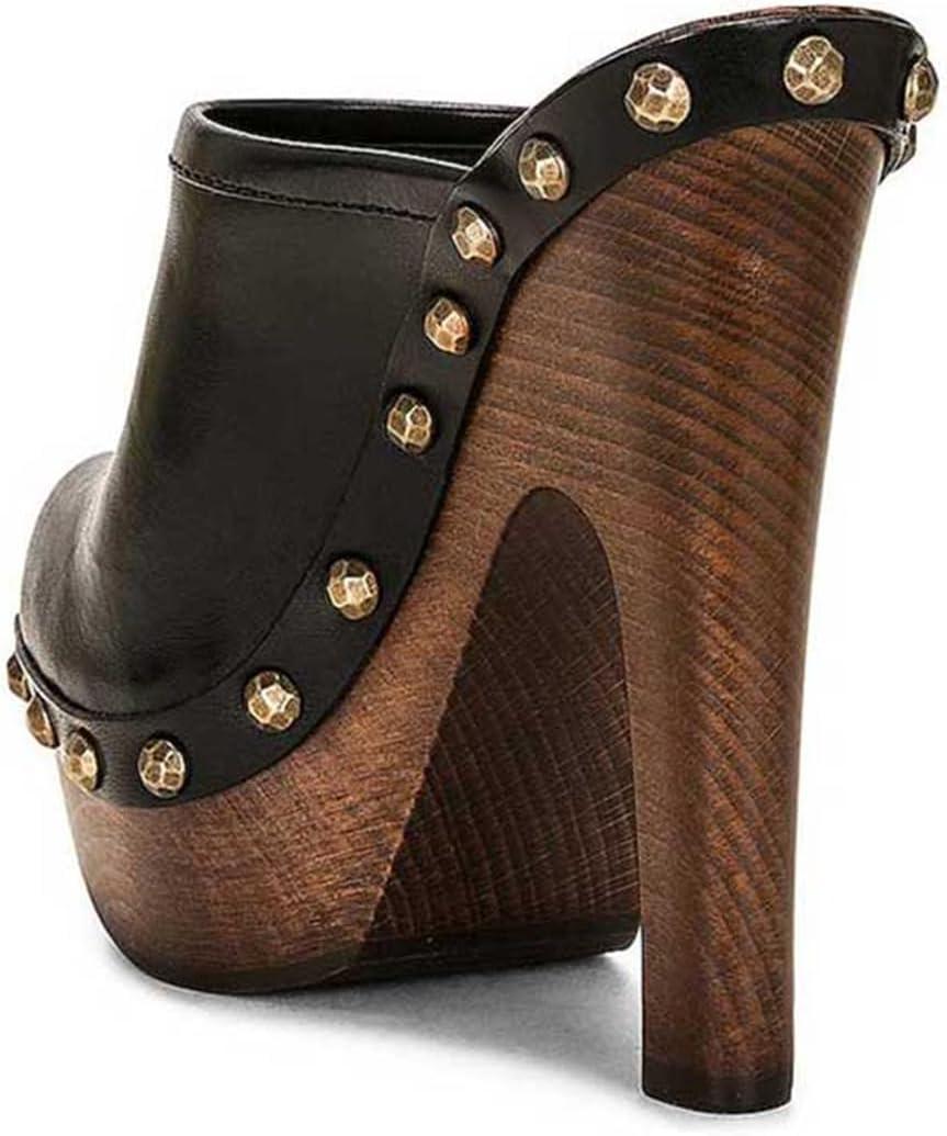imageFSJ Women Closed Round Toe Mules Wooden Block High Heel Clogs Slip On Studded Platform Sandals Vintage Casual Dress Slide Shoes Size 416 USBlack