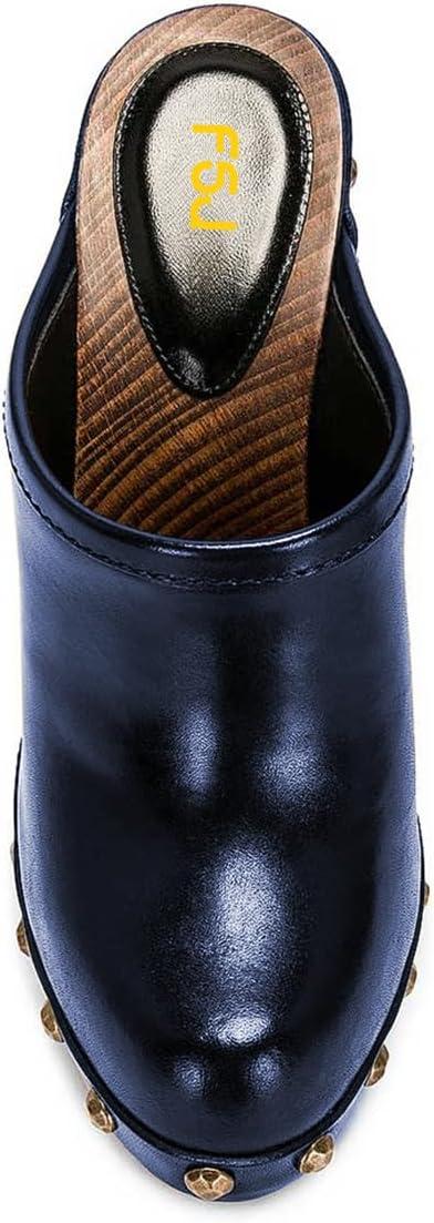 imageFSJ Women Closed Round Toe Mules Wooden Block High Heel Clogs Slip On Studded Platform Sandals Vintage Casual Dress Slide Shoes Size 416 USBlue