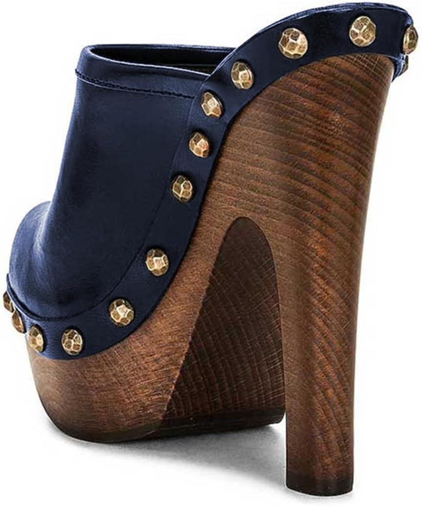 imageFSJ Women Closed Round Toe Mules Wooden Block High Heel Clogs Slip On Studded Platform Sandals Vintage Casual Dress Slide Shoes Size 416 USBlue