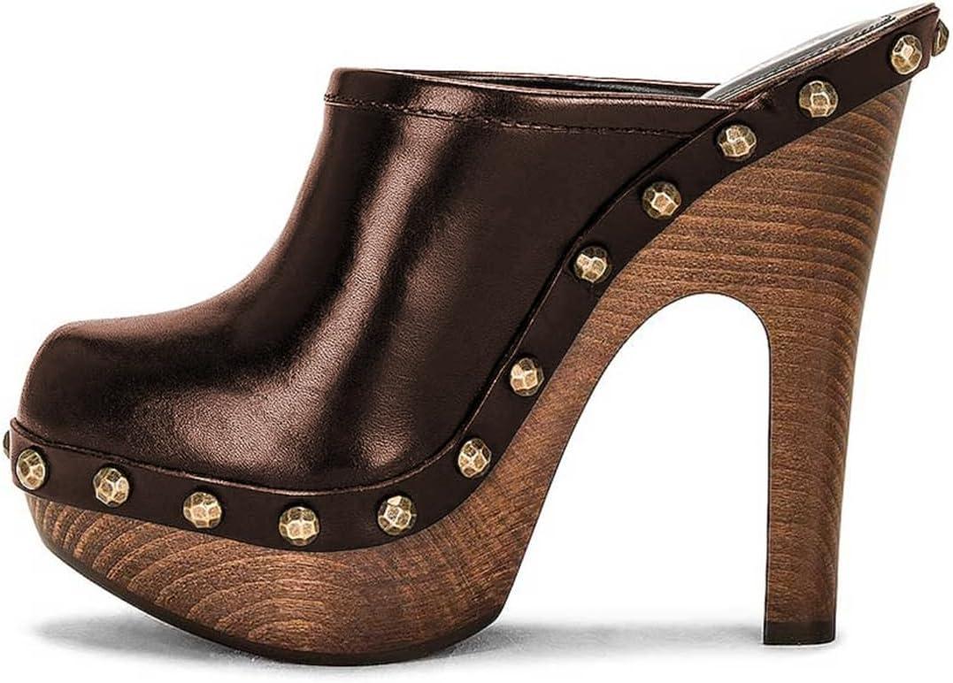 imageFSJ Women Closed Round Toe Mules Wooden Block High Heel Clogs Slip On Studded Platform Sandals Vintage Casual Dress Slide Shoes Size 416 USBrown