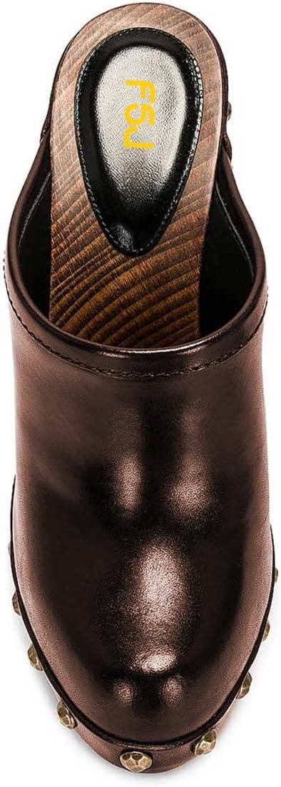 imageFSJ Women Closed Round Toe Mules Wooden Block High Heel Clogs Slip On Studded Platform Sandals Vintage Casual Dress Slide Shoes Size 416 USBrown