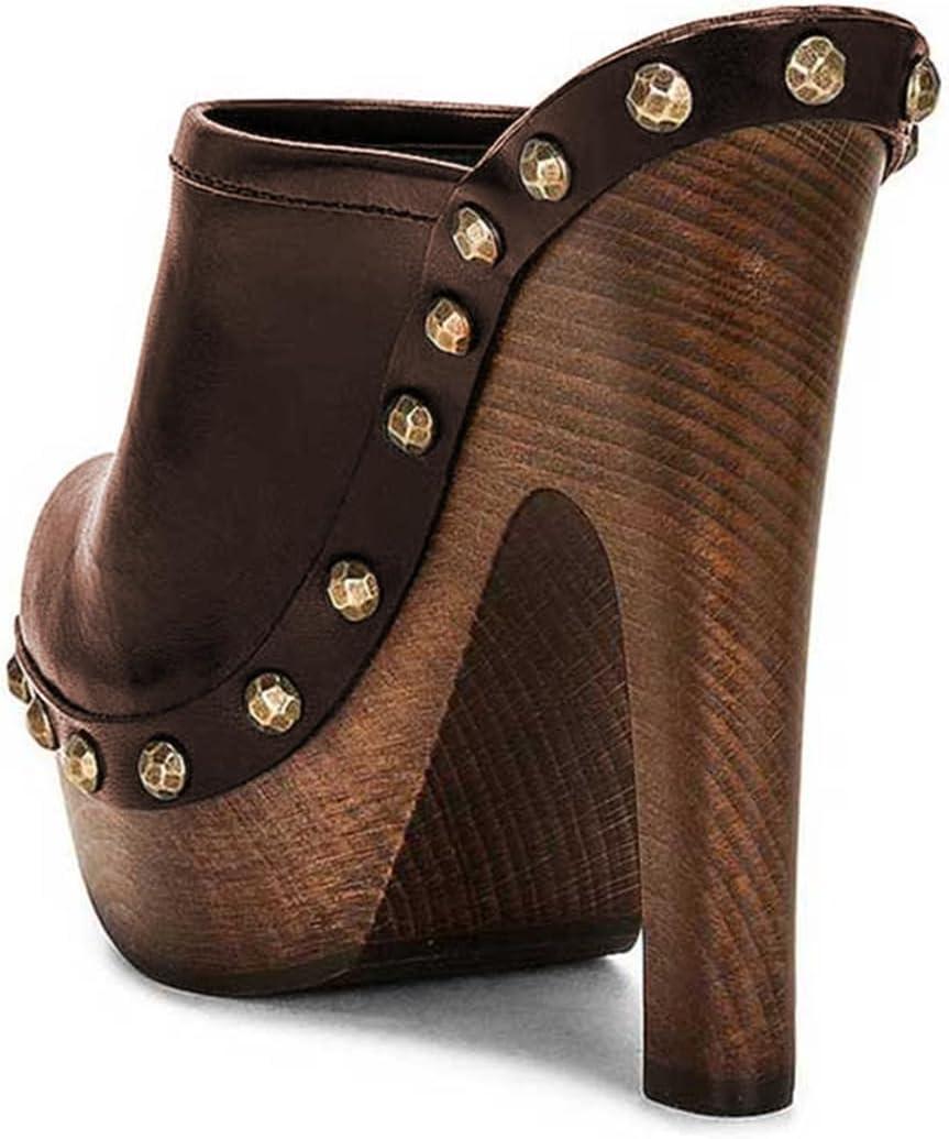 imageFSJ Women Closed Round Toe Mules Wooden Block High Heel Clogs Slip On Studded Platform Sandals Vintage Casual Dress Slide Shoes Size 416 USBrown