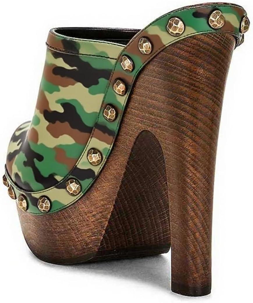 imageFSJ Women Closed Round Toe Mules Wooden Block High Heel Clogs Slip On Studded Platform Sandals Vintage Casual Dress Slide Shoes Size 416 USCamouflage