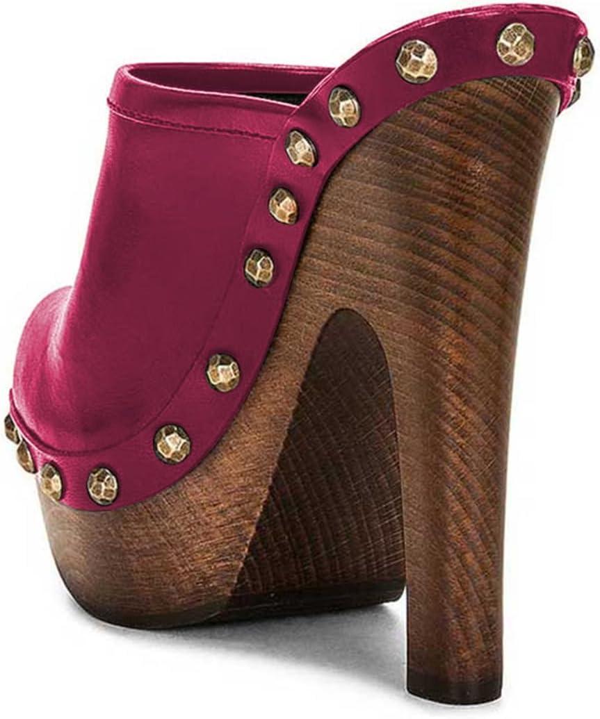 imageFSJ Women Closed Round Toe Mules Wooden Block High Heel Clogs Slip On Studded Platform Sandals Vintage Casual Dress Slide Shoes Size 416 USDeep Pink