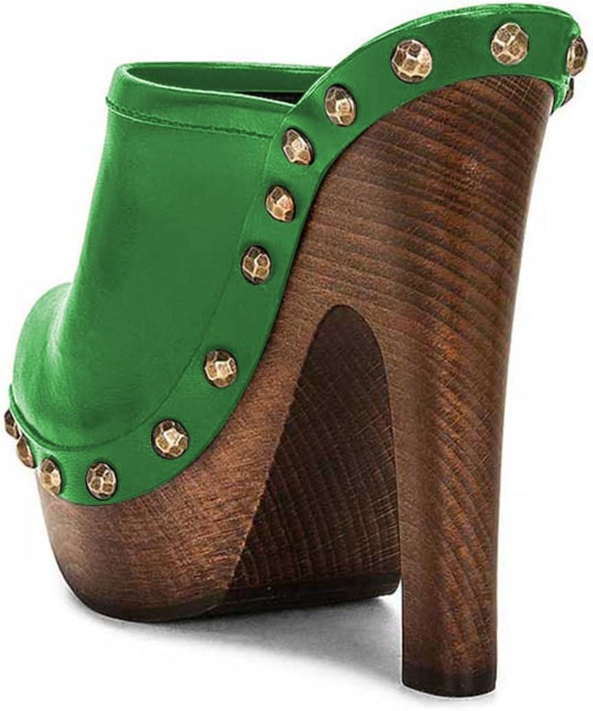 imageFSJ Women Closed Round Toe Mules Wooden Block High Heel Clogs Slip On Studded Platform Sandals Vintage Casual Dress Slide Shoes Size 416 USGreen