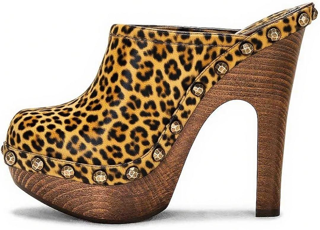 imageFSJ Women Closed Round Toe Mules Wooden Block High Heel Clogs Slip On Studded Platform Sandals Vintage Casual Dress Slide Shoes Size 416 USLeopard