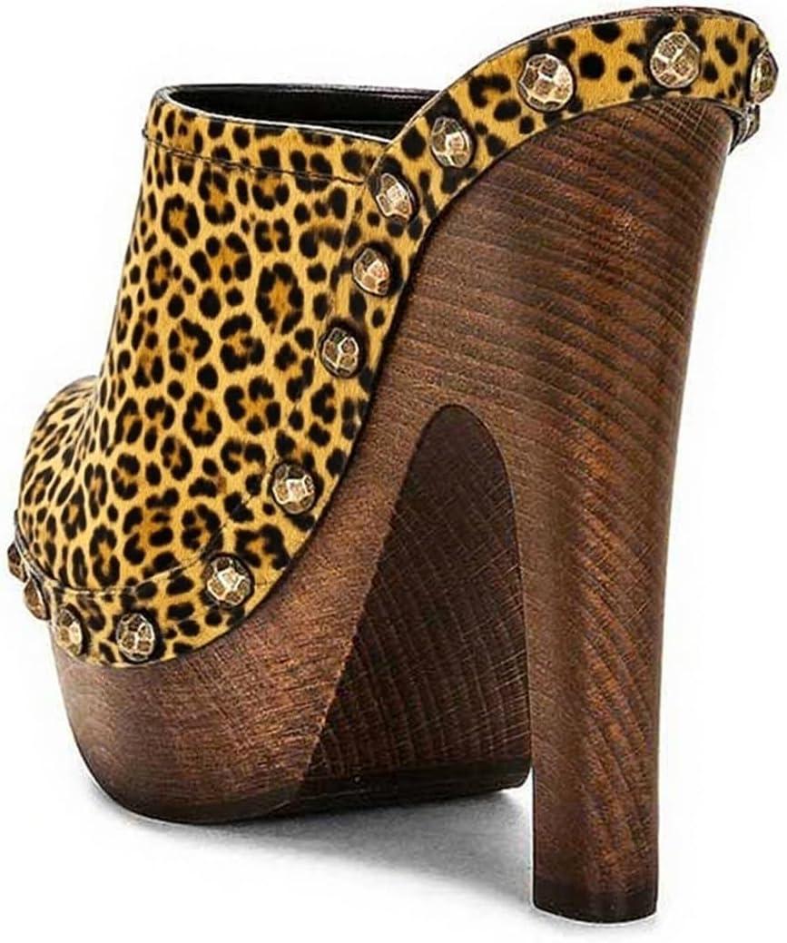 imageFSJ Women Closed Round Toe Mules Wooden Block High Heel Clogs Slip On Studded Platform Sandals Vintage Casual Dress Slide Shoes Size 416 USLeopard