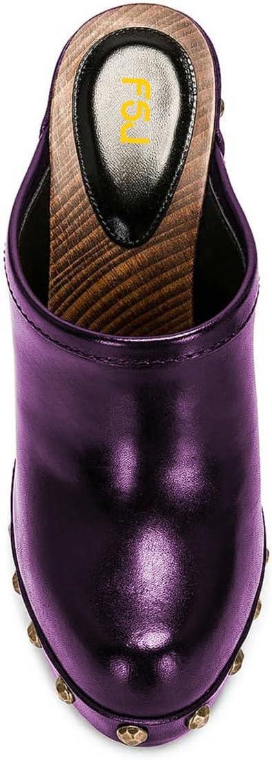 imageFSJ Women Closed Round Toe Mules Wooden Block High Heel Clogs Slip On Studded Platform Sandals Vintage Casual Dress Slide Shoes Size 416 USPurple