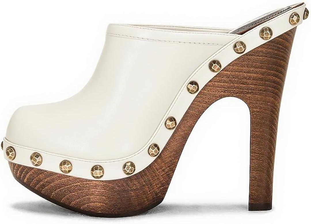 imageFSJ Women Closed Round Toe Mules Wooden Block High Heel Clogs Slip On Studded Platform Sandals Vintage Casual Dress Slide Shoes Size 416 USWhite