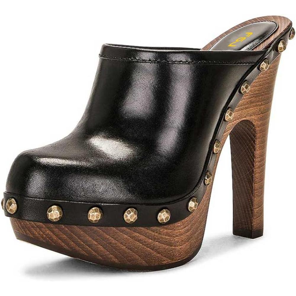 imageFSJ Women Closed Round Toe Mules Wooden Block High Heel Clogs Slip On Studded Platform Sandals Vintage Casual Dress Slide Shoes Size 416 USBlack