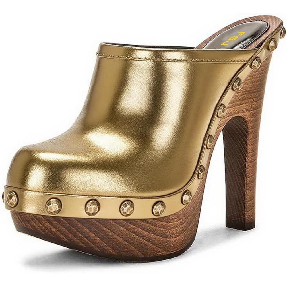 imageFSJ Women Closed Round Toe Mules Wooden Block High Heel Clogs Slip On Studded Platform Sandals Vintage Casual Dress Slide Shoes Size 416 USGold