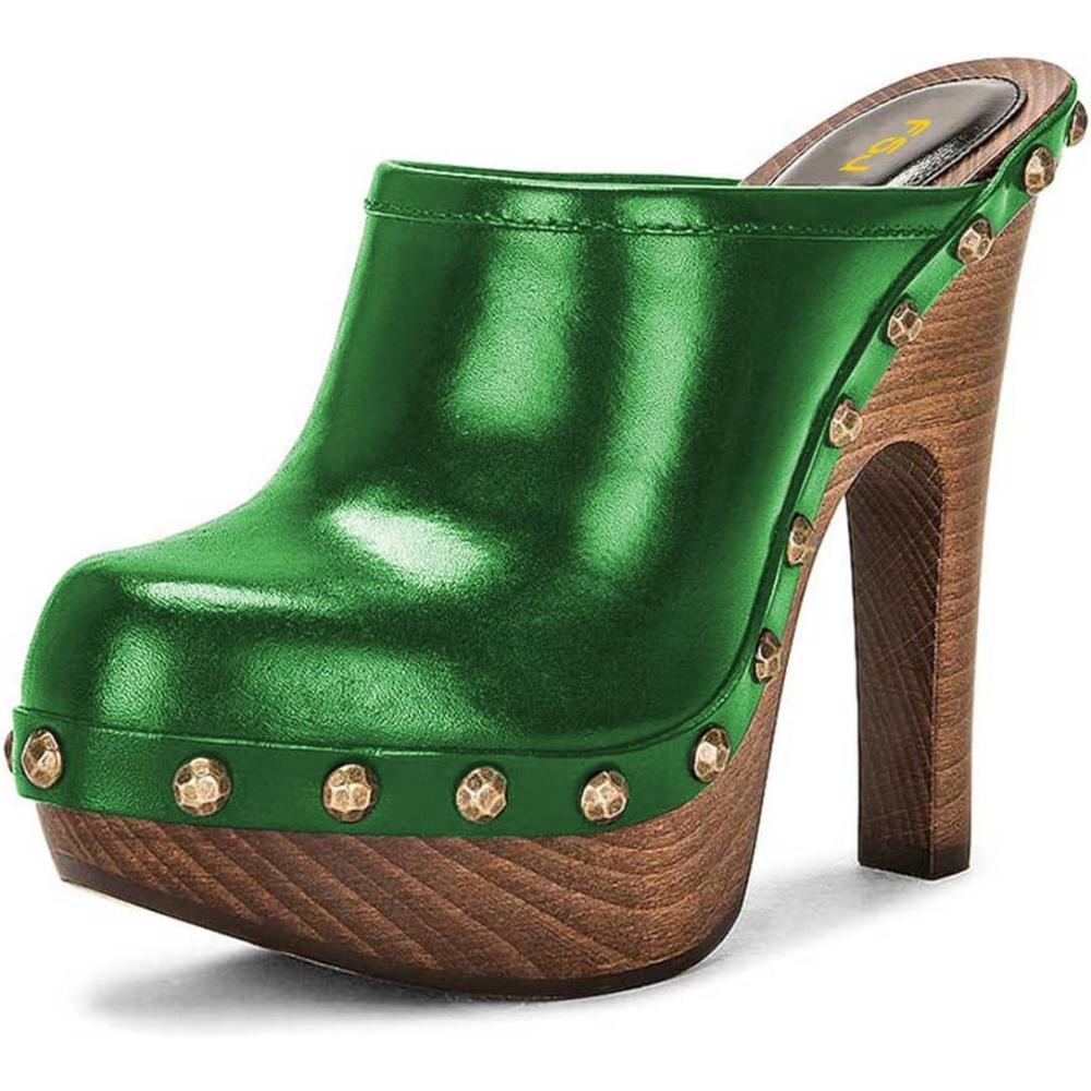imageFSJ Women Closed Round Toe Mules Wooden Block High Heel Clogs Slip On Studded Platform Sandals Vintage Casual Dress Slide Shoes Size 416 USGreen