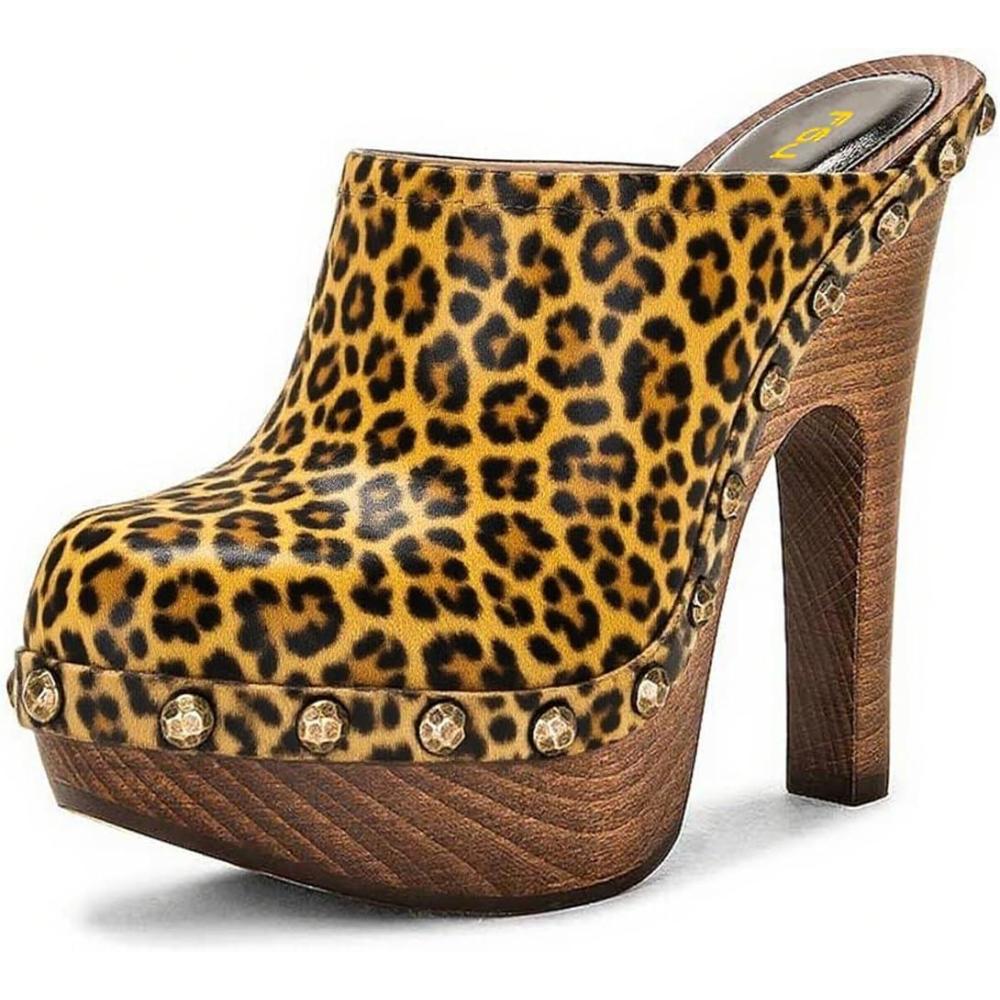 imageFSJ Women Closed Round Toe Mules Wooden Block High Heel Clogs Slip On Studded Platform Sandals Vintage Casual Dress Slide Shoes Size 416 USLeopard