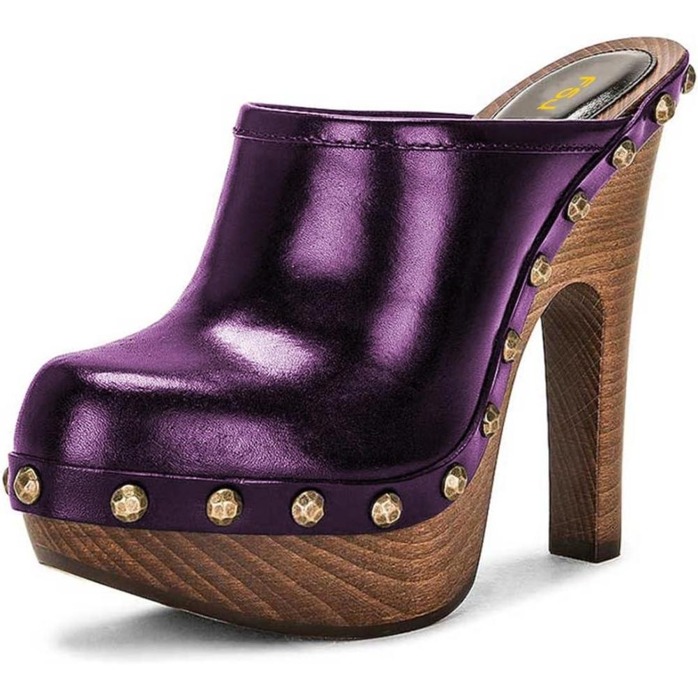 imageFSJ Women Closed Round Toe Mules Wooden Block High Heel Clogs Slip On Studded Platform Sandals Vintage Casual Dress Slide Shoes Size 416 USPurple