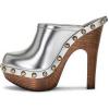 imageFSJ Women Closed Round Toe Mules Wooden Block High Heel Clogs Slip On Studded Platform Sandals Vintage Casual Dress Slide Shoes Size 416 USSilver