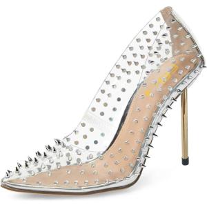 imageFSJ Women Studded Pointed Toe Transparent Pumps High Heels Shoes with Cute Bowknot US Size 415 MSilver Rivets