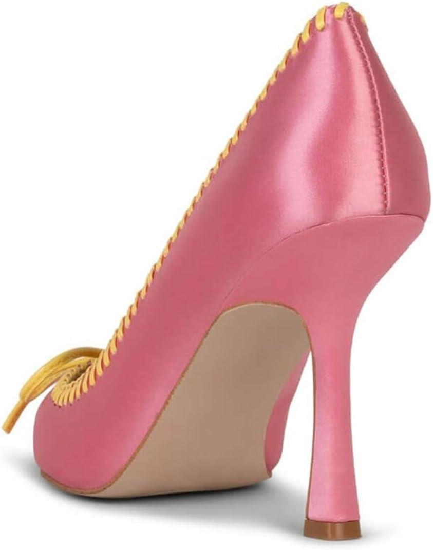 imageFSJ Women Chic Bow Pumps Cap Toe Stiletto Slip On Sexy Color Matching Pointed Toe High Heels Fashion Dress Shoes Size 416 USPink