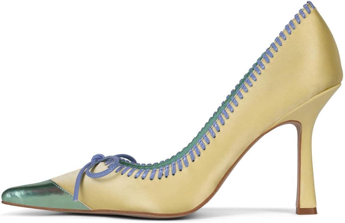 imageFSJ Women Chic Bow Pumps Cap Toe Stiletto Slip On Sexy Color Matching Pointed Toe High Heels Fashion Dress Shoes Size 416 USYellow Green